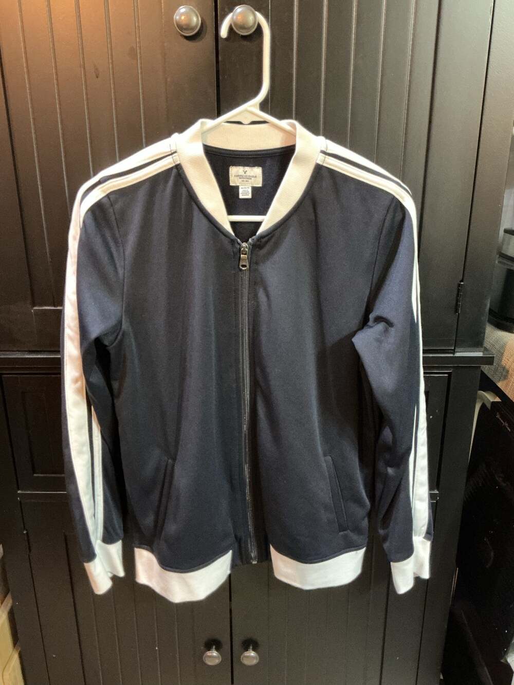 American Eagle Navy Blue & White Track Jacket Striped Bomber Size Medium